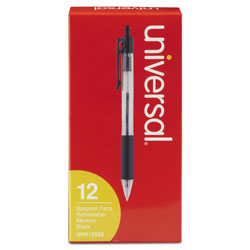 Universal Comfort Grip Retractable Ballpoint Pen, 1mm, Black Ink, Clear Barrel, Dozen
