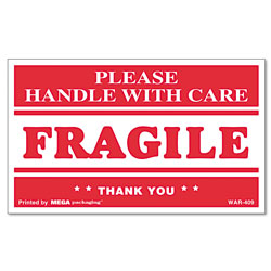 Universal Printed Message Self-Adhesive Shipping Labels, FRAGILE Handle with Care, 3 x 5, Red/Clear, 500/Roll