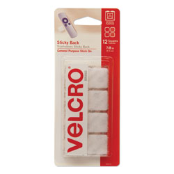 Velcro Sticky-Back Fasteners, Removable Adhesive, 0.88 in x 0.88 in, White, 12/Pack