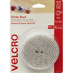 Velcro Sticky-Back Fasteners with Dispenser, Removable Adhesive, 0.75 in x 5 ft, White