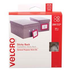 Velcro Sticky-Back Fasteners, Removable Adhesive, 0.75 in dia, White, 200/Box