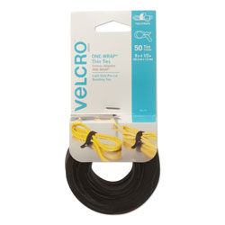 Velcro ONE-WRAP Pre-Cut Thin Ties, 0.5 in x 8 in, Black, 50/Pack
