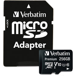Verbatim Memory Card, w/Adapter, microSDXC, 100MB/s Read, 256GB, Black