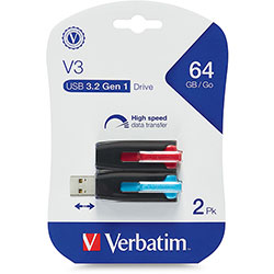 Verbatim 64GB Store 'n' Go V3 USB 3.0 Flash Drive - 2pk - Red, Blue - 64 GB - USB 3.0 - Blue, Red - Lifetime Warranty - 2 Pack