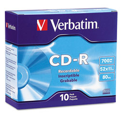 Verbatim CD-R Discs, 700MB/80min, 52x, w/Slim Jewel Cases, Silver, 10/Pack
