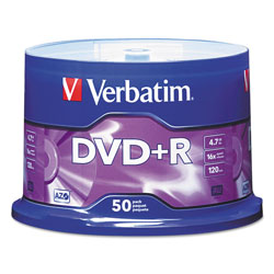 Verbatim DVD+R Discs, 4.7GB, 16x, Spindle, Matte Silver, 50/Pack