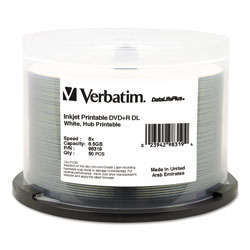 Verbatim DVD+R Dual Layer Recordable Disc, 8.5GB, 8X, Printable, Spindle, 50/Pk