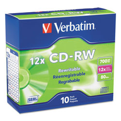Verbatim CD-RW, 700MB, 4X-12X High Speed, Branded Surface, 10/PK Slim Case (VER95156)