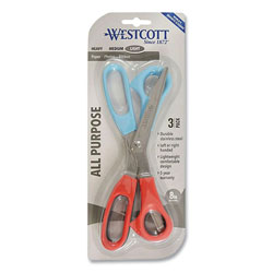 Westcott® All Purpose Value Stainless Steel Scissors Three Pack, 8 in Long, 3 in Cut Length, Assorted Color Offset Handles, 3/Pack