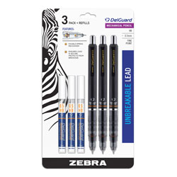 Zebra Pen Delguard Mechanical Pencil, 0.5 mm, HB (#2.5), Black Lead, Black Barrel, 3/Pack