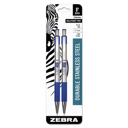 Zebra Pen F-301 Retractable Ballpoint Pen, 0.7 mm, Blue Ink, Stainless Steel/Blue Barrel, 2/Pack