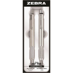 Zebra Pen and Pencil Set, Refillable, 0.7mm Point Size, 2/ST, Stainless Steel