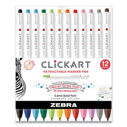 Zebra Pen ClickArt Retractable Marker Pen, Fine 0.6 mm, Assorted Ink, White Barrel, 12/Pack