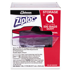 Ziploc® Double Zipper Storage Bags, 1 qt, 1.75 mil, 7 in x 7.75 in, Clear, 500/Box