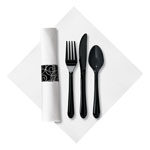 Hoffmaster CaterWrap Heavyweight Cutlery Combo, Fork/Spoon/Knife/Napkin, Black, 100/Carton orginal image