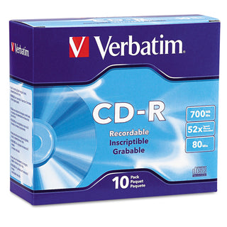 Verbatim® CD-R Discs, 700MB/80min, 52x, w/Slim Jewel Cases, Silver, 10/Pack (VER94935)