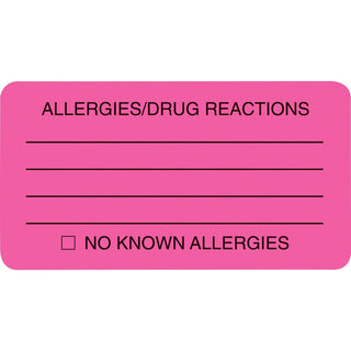 Tabbies® Allergy Warning Labels, ALLERGIES/DRUG REACTIONS NO KNOWN ALLERGIES, 1.75 x 3.25, Pink, 250/Roll (TAB01730)