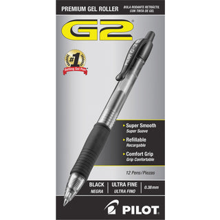 Pilot® G2 Premium Retractable Gel Pen, 0.38mm, Black Ink, Clear/Black Barrel, Dozen (PIL31277)