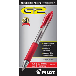 Pilot® G2 Premium Retractable Gel Pen, Ultra-Fine 0.38mm, Red Ink, Clear/Red Barrel (PIL31279)