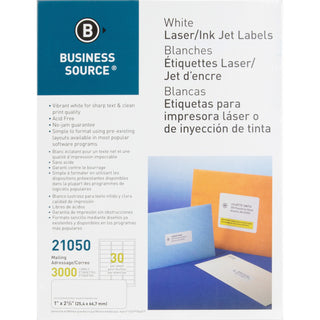 Business Source Mailing Label, Laser, 1&quot;x2-5/8&quot;, 3000/PK, White (BSN21050)