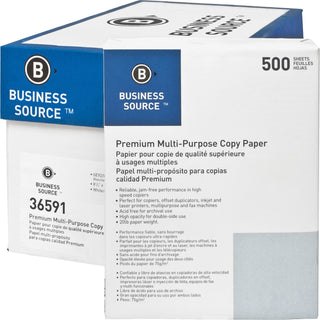 Business Source White Multipurpose Paper, 8 1/2 x 11 (Letter), 92 Bright, 20 lb, 500 Sheets Per Ream, Case of 10 Reams (BSN36591)