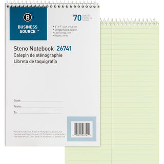 Business Source Steno Notebook, Greg Ruled, 6&quot; x 9&quot;, 70 Sheets, Green Paper (BSN26741)