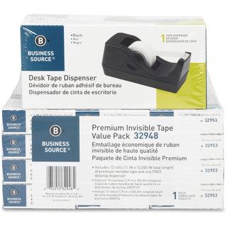 Business Source Tape, w/ Dispenser, 3/4&quot; x 1000&quot;, 12 Rolls/1 Black Dispenser (BSN32948)
