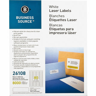 Business Source Label, Mailing, Laser, 1/2&quot; x 1-3/4&quot;, 8000 Pack, White (BSN26108)
