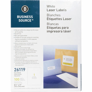 Business Source Labels, Mailing, Laser 8-1/2&quot; x 11&quot;, White (BSN26119)