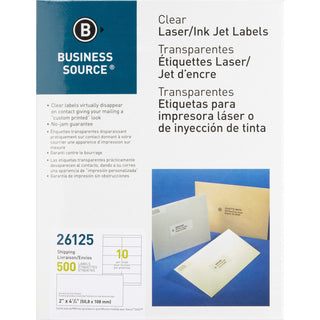 Business Source Labels, Mailing, Laser, 2&quot; x 4&quot;, 500 Pack, Clear (BSN26125)