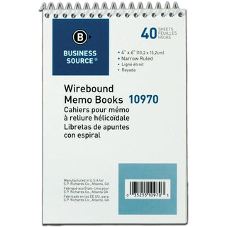 Business Source Wirebound Memo Book, End Spiral, 4" x "6, 40 Sheets, WE (BSN10970)