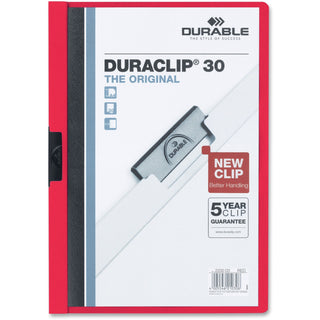 Durable® Vinyl DuraClip Report Cover w/Clip, Letter, Holds 30 Pages, Clear/Red, 25/Box (DBL220303BX)