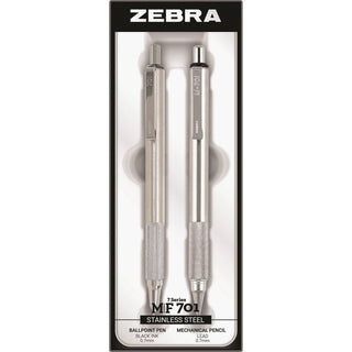 Zebra® Pen and Pencil Set, Refillable, 0.7mm Point Size, 2/ST, Stainless Steel (ZEB10519)