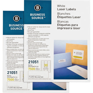 Business Source Mailing Labels, Laser/Inkjet, 1"x2-5/8", 15000/CT, White (BSN21051CT)