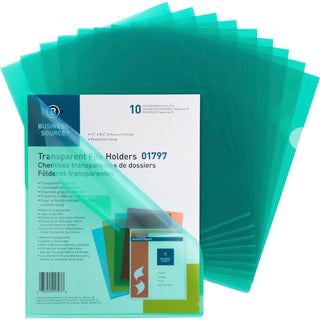 Business Source File Holders, Poly, Transparent, 11"x8-1/2", 10/PK, Green (BSN01797)