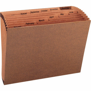 Business Source Accordion File, No Flap, 12 Pockets, Jan-Dec, Letter, 12"x10", Brown (BSN26536)