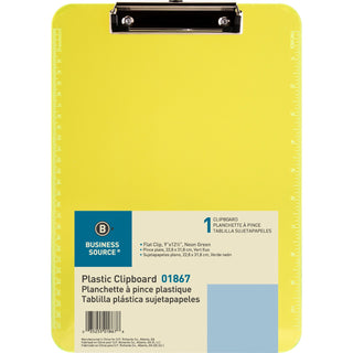 Business Source Clipboard, Plastic, w/Flat Clip, 9"x12", Neon Green (BSN01867)