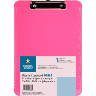 Business Source Clipboard, Plastic, w/Flat Clip, 9"x12", Neon Pink (BSN01868)