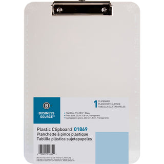Business Source Clipboard, Plastic, w/Flat Clip, 9"x12", Clear (BSN01869)