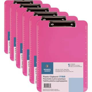 Business Source Clipboards, Plastic, w/Flat Clip, 9"x12", 6/Bundle, Neon Pink (BSN01868BD)