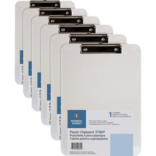 Business Source Clipboards, Plastic, w/Flat Clip, 9"x12", 6/Bundle, Clear (BSN01869BD)