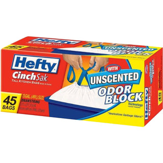 Hefty® Cinch Sak Tall Kitchen & Trash Bags, .9 mil, 13gal, White, 45/Box, 6 Boxes/CT (RFPE84572CT)