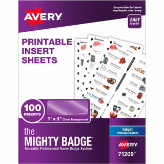 The Mighty Badge® The Mighty Badge Name Badge Inserts, 1 x 3, Clear, Inkjet, 20/Sheet, 5 Sheets/Pack (AVE71209)