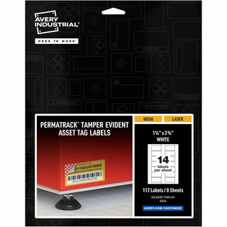 Avery® PermaTrack Tamper-Evident Asset Tag Labels, Laser Printers, 1.25 x 2.75, White, 14/Sheet, 8 Sheets/Pack (AVE60536)