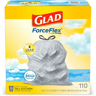 Glad® Febreze Fresh Talll Kitchen Drawstring Bags, Fresh Clean, 13 gal, 23.75" x 25.38" Length x 0.72 mil (18 Micron) Thickness, White, 1Box, 110 Per Box, Home, Office (CLO78563)
