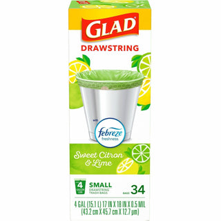 Glad® Tall Kitchen Drawstring Trash Bags, ForceFlexPlus Advanced Protection, 4 gal, Green, 1/Box, 34, Home Office, Bathroom, Kitchen, Laundry (CLO79120)