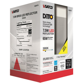 Satco 7.5W BR30 LED Bulb, 7.50 W, 65 W Incandescent Equivalent Wattage, 120 V AC, 650 lm, BR30 Size, Frosted White, Warm White Light Color, E26 Base, 12/Carton (SDNS28578CT)