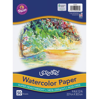 UCreate Watercolor Paper, Super Hvywght, 140 lb, 50 Shts, 9"x12" , WE (PACP4943)