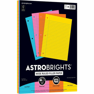 Astrobrights Filler Paper, 100 Sheets, Wide Ruled Front Ruling, 3 Hole(s), 24 lb Basis Weight, 8" x 10 1/2" Sheet Size, Assorted Color Paper, 100/Pack (WAU2591001)