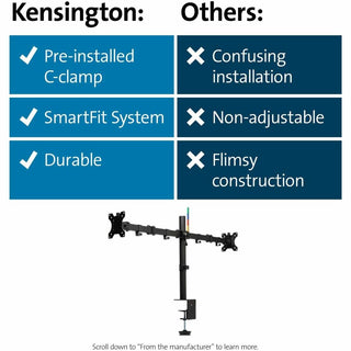 Kensington SmartFit Mounting Arm for Monitor, Height Adjustable, 2 Display(s) Supported, 32" Screen Support, 35.27 lb Load Capacity (KMW55409)